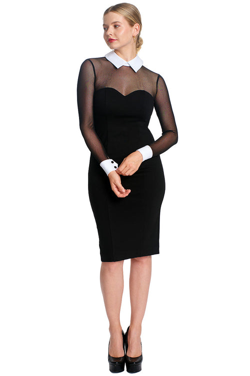 Tuxedo Illusion Sheath Dress - Black & white midi dress with mesh